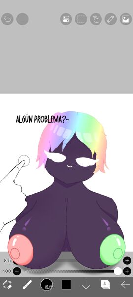 1girls big_breasts breasts breasts_out_of_frame dark_purple_body dark_purple_skin female fourth_wall fourth_wall_broken green_nipples hi_res highres hud ibispaintx ibispaintx_hud lucy_(luisgamingtm) luisgamingtm naked_female phone_screen pink_nipples pointing_hand presenting_breasts rainbow_hair spanish_text text white_eyes white_sclera