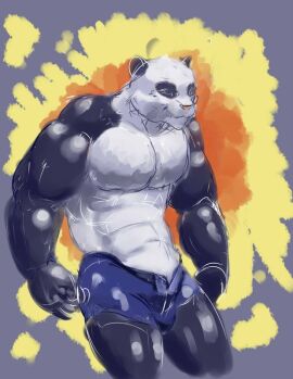 2010 anthro bear black_body black_fur blue_background blue_bottomwear blue_clothing blue_shorts bottomwear bulge clothed clothing colored colorful_background fur giant_panda guide_lines jeri_kleinlowe male mammal muscular open_bottomwear open_clothing open_pants open_shorts orange_background pants shorts simple_background smile solo standing wearing_shorts white_body white_fur yellow_background