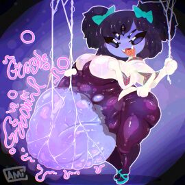 1:1 accessory arachnid arthropod belly big_belly big_breasts bodily_fluids breasts cami_gz camigz clothing cosplay crossover crossover_cosplay digital_media_(artwork) fangs female female_pred fully_inside huge_belly huge_breasts muffet multi_arm multi_eye multi_limb open_mouth solo spider teeth thick_thighs undertale undertale_(series) vore