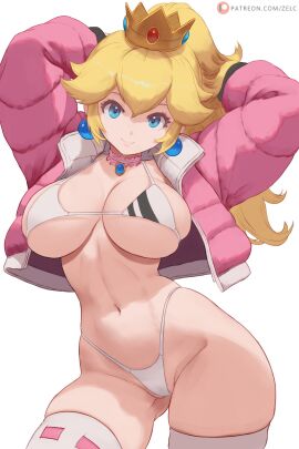 alternate_breast_size_(larger) bikini blonde_hair blue_eyes breasts choker closed_mouth coat commentary cowboy_shot crown earrings female highres jewelry large_breasts long_hair looking_at_viewer mario_(series) navel nintendo open_clothes open_coat patreon_logo patreon_username pink_choker pink_coat ponytail princess_peach simple_background smile solo sphere_earrings super_mario_bros. swimsuit thighhighs white_background white_bikini white_thighhighs winter_peach zelc-face