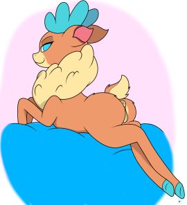 2024 anix_space antlers anus ass blue_antlers blue_eyes blue_hooves deer digital_drawing_(artwork) digital_media_(artwork) female feral flat_colors fluffy fur genitals half-closed_eyes hi_res hooves horn looking_at_viewer looking_back looking_back_at_viewer lying mammal mouth_closed multicolored_body multicolored_fur narrowed_eyes new_world_deer on_front orange_body orange_fur pussy reindeer scut_tail short_tail simple_background smile solo tail them's_fightin'_herds two-tone_body two-tone_fur velvet_reindeer_(tfh) yellow_body yellow_fur