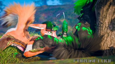 16:9 3d_(artwork) 4k absurd_res anthro blender_cycles bodily_fluids canid canine cum cum_on_face digital_media_(artwork) duo ejaculation eye_contact faronfloof faronfloof_(character) fox genital_fluids genitals hi_res hoodbrailen_(character) knot knotted_penis looking_at_another male male/male mammal nature nature_background penis raised_tail rexouium tail vrchat vrchat_model watermark widescreen