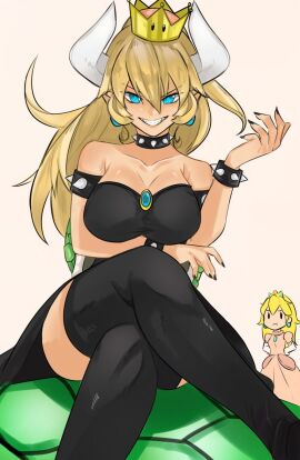 blonde_hair blue_eyes bowsette breasts choker crossed_arms crossed_legs dominant_female dress female grin large_breasts maichaoka mario_(series) new_super_mario_bros._u_deluxe nintendo princess_peach seductive smile super_mario_bros. thighs