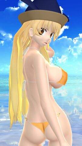 1girls 2023 3d ass ass_crack back_view beach bikini blonde-haired_female blue_sky breasts butt_crack deity elbow female god hat hati_yukkuri_mmd headwear hidden_star_in_four_seasons light-skinned_female light_skin long-haired_female looking_at_viewer looking_back mmd okina_matara one_arm_up outdoors rear_view sky solo_female solo_focus swimsuit touhou waist water yellow_bikini