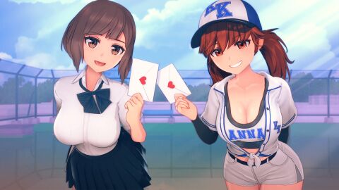 2girls 3d anna_anon anna_skyler baseball_cap baseball_uniform big_breasts breasts brown_eyes brown_hair cap cleavage clothed clothing ela_amano female female_only fully_clothed koikatsu large_breasts light-skinned_female light_skin looking_at_viewer love_letter multiple_females multiple_girls open_mouth original outside school_uniform schoolgirl short_hair shorts smile smug smug_smile standing twintails