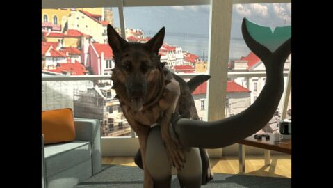 animated anthro anthro_on_feral ass bethesda_softworks canid canine canis dogmeat domestic_dog duo fallout feral fish fur furred_shark hand_on_ass hand_on_butt interspecies male male/male mammal marine odin_(wulframite) shark smile zoophilia