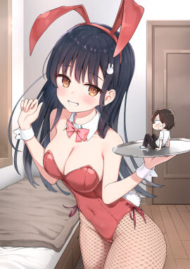 ass_visible_through_thighs bare_arms bare_shoulders bed bedroom belly_button_visible_through_clothing big_breasts black_hair blush boku_no_kokoro_no_yabai_yatsu breasts brown_eyes bunny_ears bunny_tail bunnysuit chibi cleavage collarbone detached_collar female fishnets highleg highleg_leotard holding_plate ichikawa_kyoutarou leotard long_hair mole mole_on_neck official_art parted_lips pointy_chin red_bunnysuit red_leotard sideboob smile strapless strapless_leotard sune_(mugendai) thighs wrist_cuffs yamada_anna