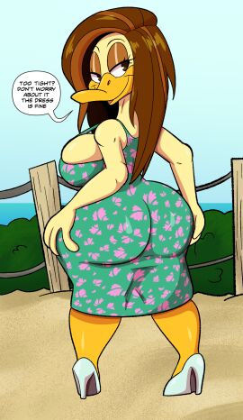 absurd_res anatid anseriform anthro ass avian bedroom_eyes big_breasts big_butt bird breasts brown_hair cleavage clothed clothing day dress duck female floral_print footwear green_clothing green_dress hair half-closed_eyes hi_res high_heels huge_butt long_hair looking_back narrowed_eyes non-mammal_breasts outside presenting presenting_hindquarters seductive shoes sky solo someth1ngoranother the_looney_tunes_show thick_thighs tina_russo warner_brothers wide_hips