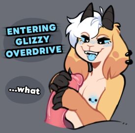 bag_of_lewds black_horn blue_eyes blue_nipples blush bovid bovine breasts caprine dialogue duo ear_piercing female genitals goat hair handjob horn male mammal marbles_(bag_of_lewds) nipple_piercing nipples nonbinary open_mouth penile penis piercing pink_penis sex small_breasts tongue tongue_out white_hair