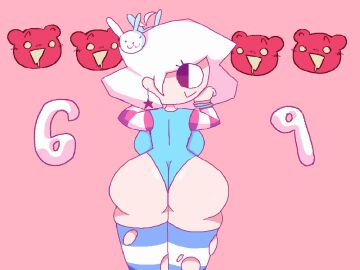 1girls abbie_(mindwave) animated ass ass_shake back_view big_ass blush bottom_heavy bottomless bright_colors bubble_ass bubble_butt ear_piercing earrings female ilterpng light_skin mindwave overalls ripped_clothing ripped_stockings shaking shaking_ass shaking_butt silly silly_face simple_background simple_shading thick_thighs white_hair