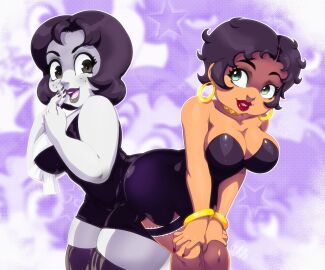 2girls alternate_version_at_source alternate_version_available ass_to_ass betty_boop betty_boop_(series) big_breasts black_hair bracelets breasts cleavage clothed color comedy_central crossover drawn_together duo duo_female ear_piercing earrings female female_only freckles gold_earrings gold_jewelry green_eyes grey-skinned_female hoop_earrings light-skinned_female light_skin lipstick looking_at_back purple_background red_lipstick rubberhose signature smile smiling symmetrical_docking thick_thighs thighhighs toot_braunstein tovio_rogers