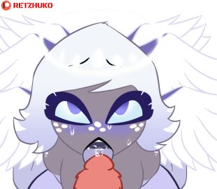 1boy 1girls angel angel_wings black_lipstick blowjob blowjob_face blue_eyes blue_sclera choker cum cum_drip cum_in_mouth cum_on_body cum_on_face cumshot emily_(hazbin_hotel) exhale exhaling exhausted exhaustion eye_contact eyelashes eyeshadow female freckles grey_skin hazbin_hotel kneeling licking_penis line_art long_hair male male_pov oral oral_sex penis pov pov_crotch pov_eye_contact pov_male preview purple_eyes purple_eyeshadow purple_hair purple_lipstick retzhuko_(artist) reverse_rape seductive_eyes seductive_mouth short_hair sir_pentious_(hazbin_hotel) smile tagme tongue tongue_out two-tone_hair white_hair