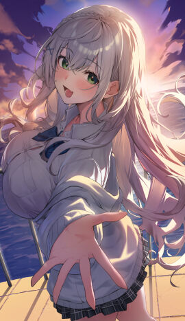 :d asymmetrical_hair backlighting black_skirt blue_bow blue_bowtie blush bow bowtie braid breasts button_gap cloud cloudy_sky collared_shirt commentary_request cowboy_shot crossed_bangs double-parted_bangs female french_braid from_side green_eyes grey_hair grey_jacket hair_between_eyes hair_ornament highres hololive hololive_fantasy hololive_japan hood hood_down hooded_jacket jacket large_breasts long_hair looking_at_viewer miniskirt ocean off_shoulder official_alternate_costume official_alternate_hair_length official_alternate_hairstyle open_clothes open_jacket open_mouth outstretched_hand plaid_clothes plaid_skirt pleated_skirt raag_jp railing reaching reaching_towards_viewer revision shirogane_noel shirogane_noel_(school_uniform) shirt single_braid skirt sky smile solo standing sunrise virtual_youtuber white_shirt wing_collar x_hair_ornament