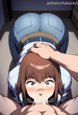 1boy 1boy1girl 1girls ai_generated all_fours ass assisted_fellatio balls_deep bedroom blowjob blush clothed_female_nude_male cum cum_in_mouth cum_inside deepthroat fellatio female hand_on_head hi_res high_resolution highres jeans kiruko_(tengoku_daimakyou) looking_at_viewer male male/female muscular_male nude_male pov production_ig surprised tengoku_daimakyou waifumakerart wide_eyed