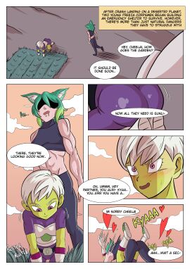 ass cheelai comic dialogue dragon_ball dragon_ball_super female green_hair green_skin oc short_hair speech_bubble tagme text wacum white_hair