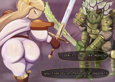 1boy 1girls ass ass_focus battle beast big_ass big_butt breasts cake_monster caked_up cookie_run cookie_run_kingdom female fight fighting financier_cookie khadhunter7 lurker_(species) male massive_ass massive_breasts massive_butt matcha_teramisu_cake_(xp-pie) monster original_character sword thick thick_ass thick_hips thick_thighs weapon wide_hips
