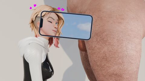 1boy 1girls 3d blowjob cheating cheating_girlfriend eyebrow_piercing fat_male fellatio female full_color fully_clothed gwen_stacy gwen_stacy_(spider-verse) implied_oral light-skinned_female light-skinned_male light_skin male marvel marvel_comics oral phone shaved_side sokein spider-gwen