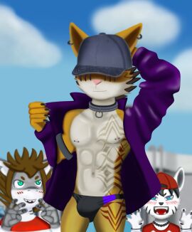 anthro bear bell bell_collar clothing collar fish lagomorph leporid male mammal marine pirceings rabbit shark speedo swimwear tattoo