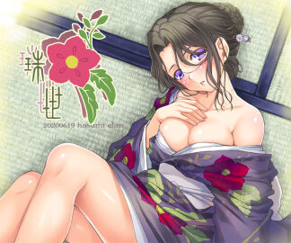 bare_legs bare_shoulders bare_thighs big_breasts bigpink black_hair blush braided_bun breasts cleavage collarbone demon_slayer female hair_ornament hand_on_own_chest japanese_clothes kimetsu_no_yaiba kimono lipstick lying mature_female milf no_bra off_shoulder on_floor parted_lips pointy_chin purple_eyes purple_kimono shiny_skin tamayo_(kimetsu_no_yaiba) thighs tied_hair