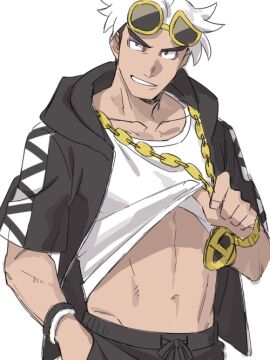 1boy adult adult_male artist_request belly_button black_sweatpants clothed clothed_male gold_chain gold_jewelry gold_watch guzma_(pokemon) holding_jewelry jacket lifting_shirt looking_at_viewer male male_focus male_only no_background no_sex pokemon pokemon_sm pokemon_usm pulling_shirt sfw skinny skinny_male smiling sunglasses sunglasses_on_head sweatpants team_skull tilted_head tilting_head toned toned_body toned_male two-tone_jacket white_background white_hair white_shirt yellow_sunglasses