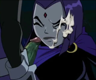 1boy 1girls beast_boy bukkake cum_on_face dc dc_comics facial female goth goth_girl gothic gothic_lolita male penis purple_hair raven_(dc) teen_titans