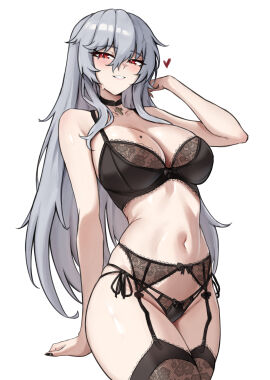 arknights black_bra black_garter_belt black_garter_straps black_nails black_panties black_thighhighs bra breasts commentary cross cross_necklace english_commentary fangs_(fangs_art) female garter_belt garter_straps grey_hair highres jewelry large_breasts lingerie long_hair looking_at_viewer multiple_moles navel necklace panties red_eyes sharp_teeth simple_background solo specter_(arknights) stomach teeth thighhighs thighs underwear very_long_hair white_background