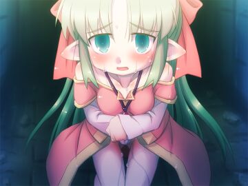 bare_shoulders blush bow breasts clothed_after_sex collarbone cowboy_shot curtained_hair ear_blush elf female green_eyes green_hair hairbow hands_on_own_stomach holding holding_towel jewelry juusha-chan_to_yaya_zannen_na_yuusha_no_hanashi juusha_(juusha-chan_to_yaya_zannen_na_yuusha_no_hanashi) large_variant_set layered_sleeves long_hair long_sleeves looking_at_viewer necklace open_mouth panties pigeon-toed pink_skirt pointy_ears ponytail pussy_juice raised_inner_eyebrows red_bow short_over_long_sleeves short_sleeves shoulder_blush sidelocks skirt small_breasts solo standing sweat third-party_source towel underwear variant_set wet wet_clothes wet_panties white_panties yoshi_(crossmind)