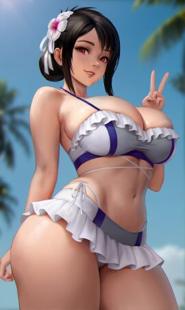 1girls abs athletic athletic_female beach big_breasts bikini bikini_bottom bikini_top black_hair breasts breasts_bigger_than_head bun cleavage female female_focus female_only final_fantasy final_fantasy_vii final_fantasy_vii_rebirth final_fantasy_vii_remake fit fit_female fitness flower_in_hair hair_ornament hips hips_wider_than_shoulders hourglass_figure huge_breasts human light-skinned_female light_skin looking_at_viewer meekohopanes midriff navel outdoors outside peace_sign red_eyes smile soft_abs solo solo_female solo_focus standing swimsuit teeth thick_thighs thighs tifa_lockhart tifa_lockhart_(shining_spirit) video_games voluptuous wide_hips