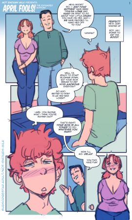 1girls 2boys bedroom big_breasts blush breasts comic comic_page cucked_by_son dilf father female incest male milf mother_and_son not_enough_milk_(artist) original original_character page_1 red_hair wide_hips