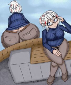 ass blue_eyes blue_sweater box breasts cardboard_box denim female glasses jeans large_breasts looking_at_viewer multiple_views no_pants panties pants ponytail red-framed_eyewear ribbed_sweater semi-rimless_eyewear short_hair sitting sweater turtleneck under-rim_eyewear underwear white_hair