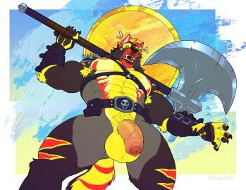 2025 abs abstract_background anthro areola armor armpit_hair axe balls bara barbarian battle_axe belt biceps big_balls big_muscles big_penis body_hair border bracers canid canine canis claws cloud day flaccid foreskin fur gay gay_male genitals glans hair harness holding_axe holding_object holding_weapon huge_balls huge_cock huge_muscles humanoid_genitalia humanoid_penis infernowolf kihu looking_at_viewer low-angle_view male mammal muscles muscular muscular_anthro muscular_male navel nipples nude open_mouth outside pauldron pecs penis serratus simple_background solo spiked_pauldron spikes standing sun sweatdrop_(iconography) teeth thick_arms thick_penis thick_thighs tuft uncircumcised unconvincing_armor unretracted_foreskin vein weapon white_border wolf yaoi