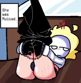 1girls 2d anger_vein anne_meadows arcaned_roses ass ass_focus black_handwear blonde_hair female female_only grey_panties handcuffed handcuffs light-skinned_female light_skin mask masked masked_female oc original_character pants_pull roses_arcaned slap_mark solo tagme text text_box white_shirt yellow_hair