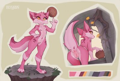 2024 anthro anus ball_(object) bdmon biped cheek_tuft color_swatch countershade_crotch countershade_fur countershade_tail countershading digital_media_(artwork) facial_tuft featureless_chest female flat_chest fur furred_kobold furred_scalie genitals kobold navel nude orange_eyes pink_body pink_fur pink_pussy plant pussy scalie shaded solo standing tail tail_anus tuft