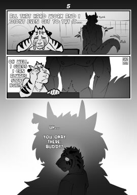 absurd_res anthro bodily_fluids body_hair canid canine clothed clothing comic darius_(picantetortuga) demon digital_media_(artwork) duo english_text felid happy_trail hi_res horn juno_(picantetortuga) looming male male/male mammal monochrome muscular mythological_canine mythological_creature mythology nipples pantherine picantetortuga shadow shaking shivering simple_background tail tears text tiger tusks werecanid werecanine werecreature