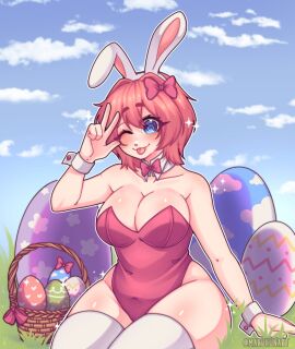 1girls 5_fingers bare_shoulders big_breasts blep blue_eyes bow bowtie bowtie_collar breasts bunny_ears bunnysuit cleavage collar doki_doki_literature_club easter easter_eggs egg egg_basket eggs female female_focus hair_bow hairbow marukunart one_eye_closed red_bow sayori_(doki_doki_literature_club) thick_thighs thighs tongue tongue_out