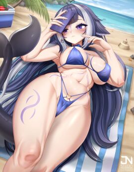 1girls animal_ears animal_tail beach bikini black_hair body_markings breasts female female_only indie_virtual_youtuber jnstudio large_breasts light-skinned_female light_skin long_hair lying_down lying_on_back ocean orca orca_girl orca_tail phone purple_eyes shylily sky solo swimsuit thighs towel two-tone_hair uniform virtual_youtuber white_hair