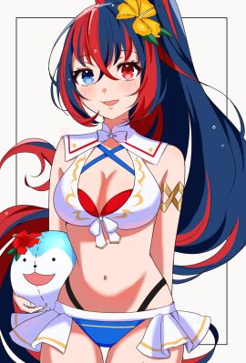 alear_(female)_(seaside_dragon)_(fire_emblem) alear_(fire_emblem) alear_(fire_emblem)_(female) alternate_costume alternate_hairstyle ball_(object) bikini blue_bikini blue_swimsuit breasts cleavage criss-cross_halter crossed_bangs female female_only fire_emblem fire_emblem_engage fire_emblem_heroes flower gmais2514 hair_between_eyes hair_flower hair_ornament halterneck heterochromia highres long_hair medium_breasts multicolored_bikini multicolored_clothes multicolored_hair multicolored_swimsuit nintendo official_alternate_costume official_alternate_hairstyle ponytail red_bikini red_swimsuit scratching_arm sommie_(fire_emblem) split-color_hair swimsuit very_long_hair white_bikini white_swimsuit