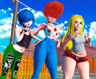 3d 3girls blonde_hair blue_eyes breasts cartoon_network ed_edd_n_eddy female freckles green_eyes hair_over_eyes huge_breasts kanker_sisters lee_kanker marie_kanker may_kanker prevence red_hair short_shorts sisters