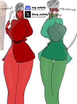 2girls areolae areolae_visible_through_clothing avg_szekely big_breasts blue_eyes blush breasts countryhumans countryhumans_girl discord_logo discord_username female female_focus female_only hungarian hungarian_girl hungary_(countryhumans) looking_at_viewer miniskirt national_personification pussy pussy_visible_through_clothes sword tagme thick turkey_(countryhumans) turkic turkic_girl turkish_female twitter_handle twitter_logo twitter_username vagina vagina_visible_through_clothing