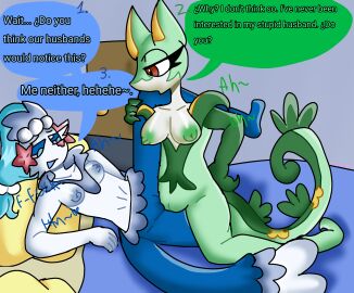 2girls anthro bad_anatomy canelitabunny cuckold dialogue female furry nintendo pokemon pokemon_(species) primarina seal serperior snake snake_girl tribadism yuri