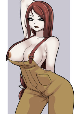 abella_(fear_and_hunger) alternate_version_at_source alternate_version_available arms_up artistic_nudity big_breasts breasts breasts_out brown_nipples cleavage clothed clothed_female covered_nipples fear_and_hunger fear_and_hunger:_termina female female_focus female_only huge_breasts large_breasts looking_at_viewer nip_slip nipple_outline nipple_slip nipples nonsexual overalls overalls_only pinup ponytail posing posing_for_picture posing_for_the_viewer red_hair rungbersa saberrung small_areola small_nipples solo solo_female wide_hips