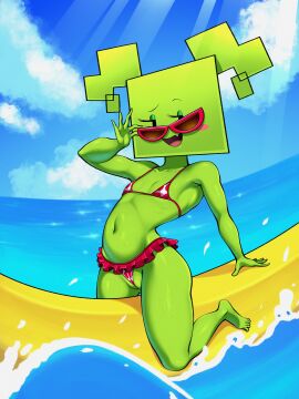 1girls 2025 banana_boat beach bikini bikini_bottom bikini_top cameltoe eyelashes female female_only flat_chested flat_colors green_body hi_res highres looking_at_viewer mario_(series) mimi_(super_paper_mario) miniskirt nintendo open_mouth open_smile paper_mario pussy revealing_clothes sea shiny_skin sleepiitreat smile smiling smiling_at_viewer smug solo solo_female summer sunglasses sunlight super_paper_mario thick_thighs twintails video_games wet wet_body