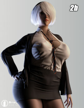 1girls 3d ass big_ass big_breasts bradengts breasts clothing female female_focus female_only glasses grey_background hairband huge_breasts light-skinned_female light_skin necktie nier nier:_automata nipples office_clothing office_lady short_hair solo tie white_hair yorha_2b