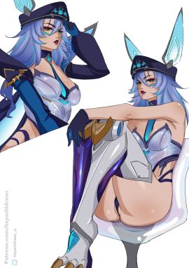 anima_squad_series ass ass_focus battle_bat_xayah big_ass big_butt big_thighs bird_feet blue_hair breasts female female_only green_eyes hat hayashidraws league_of_legends legs light-skinned_female light_skin lipstick looking_at_viewer pussy red_lipstick small_breasts solo solo_female solo_focus thick_thighs thighs xayah