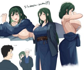 e_v_o_n_0 akihitoevon big_breasts breasts caught_undressing crusch_karsten embarrassed female hiding_behind_another kimono natsuki_subaru re:zero_kara_hajimeru_isekai_seikatsu shy undressing visible_breasts wilhelm_van_astrea