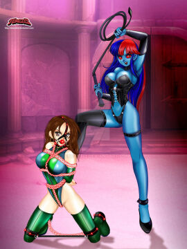 2girls arms_tied_behind_back ball_gag black_corset black_panties blue_hair bondage breasts bridal_gauntlets brown_hair chain_between_breasts chains choker collar corset crotch_chain dominatrix earrings female gag gagged green_leotard harness_ball_gag high_heel_boots high_heels holding_whip hoop_earrings large_breasts legs_tied leotard long_hair looking_at_viewer multicolored_hair multiple_females multiple_girls original panties purple_eyes red_eyes red_hair shibari_over_clothes slave spreader_bar tenezishd thighhigh_boots whip yuri