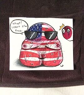 2022 breasts countryballs english_text eyewear fat female glasses hairy humor japan_(countryballs) shocked_expression sunglasses sweat text text_bubble traditional_media_(artwork) united_states_of_america united_states_of_america_(countryballs) waspernestart