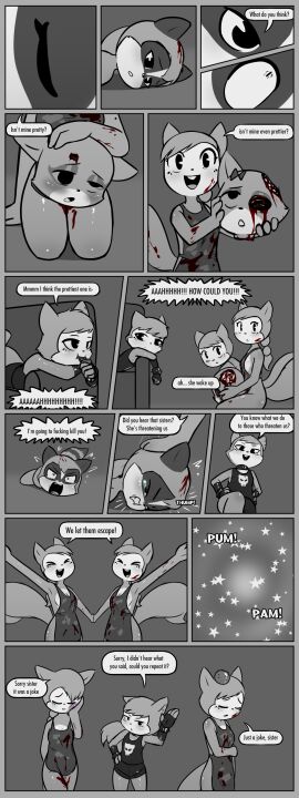 absurd_res angry anthro apron apron_only aroused backpack barefoot black_and_white bodily_fluids bottomwear bow_ribbon breasts bubble_gum candy canid canine chocolate chocolate_bar clothed clothing comic constricted_pupils dessert dialogue e254e ear_piercing embarrassed eyeliner feet female feminization fluffy fluffy_tail food fox gore grin group gun guro hair happy head_tuft hi_res identical_twins kirrel_sisters_(e254e) kora_(e254e) makeup male mammal monochrome navel no_bra nude onomatopoeia piercing ponytail procyonid pupils raccoon ranged_weapon rodent sciurid screaming severed_body_part severed_head shorts sibling_(lore) slapstick small_breasts small_pupils smile sound_effects squirrel tail tears text tree_squirrel trio tuft twins_(lore) weapon