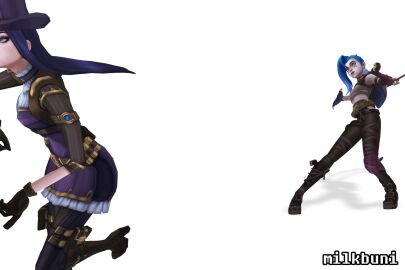 2girls animated animation arcane_fractured_jinx blue_hair caitlyn_kiramman clothing dress dubious_consent duo duo_female duo_focus female female_focus female_on_female female_only fully_clothed funny harassment jinx_(league_of_legends) league_of_legends long_boots milkbuni questionable_consent sexual_assault sexual_harassment skirt slapping slapping_ass slapping_butt smacking_ass standing yuri