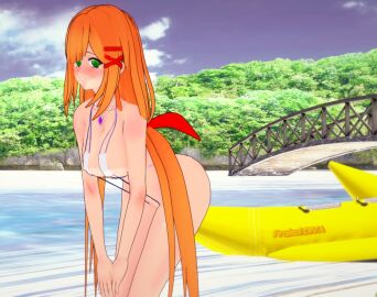 3d 3d_(artwork) beach bending_forward green_eyes kingdom_hearts koikatsu_(medium) looking_at_viewer ocean orange_hair red_ribbon render self_upload slingshot_swimsuit strelitzia